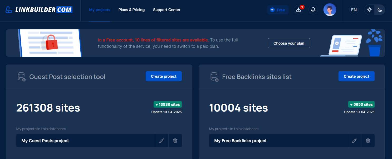 User personal dashboard on the LinkBuilder.com platform